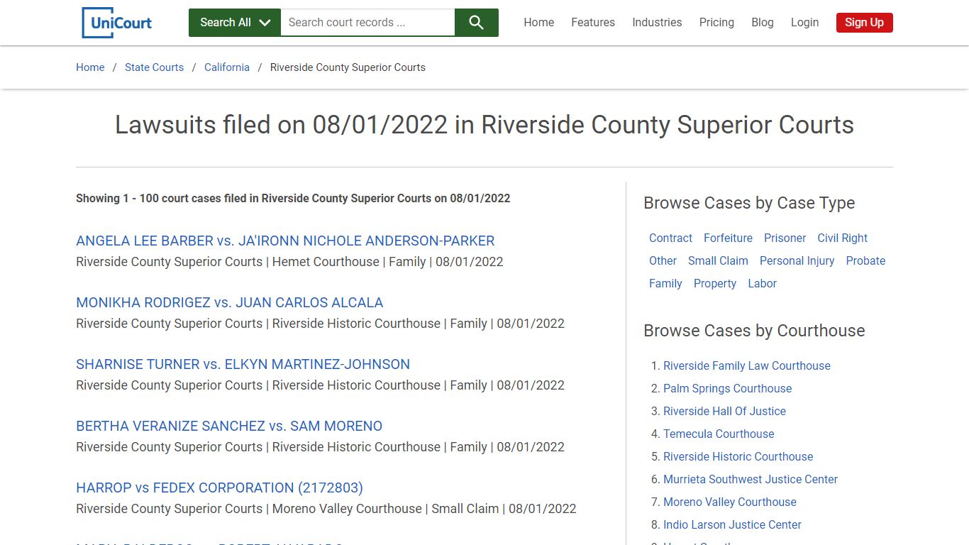 Lawsuits filed on 08/01/2022 in Riverside County Superior Courts